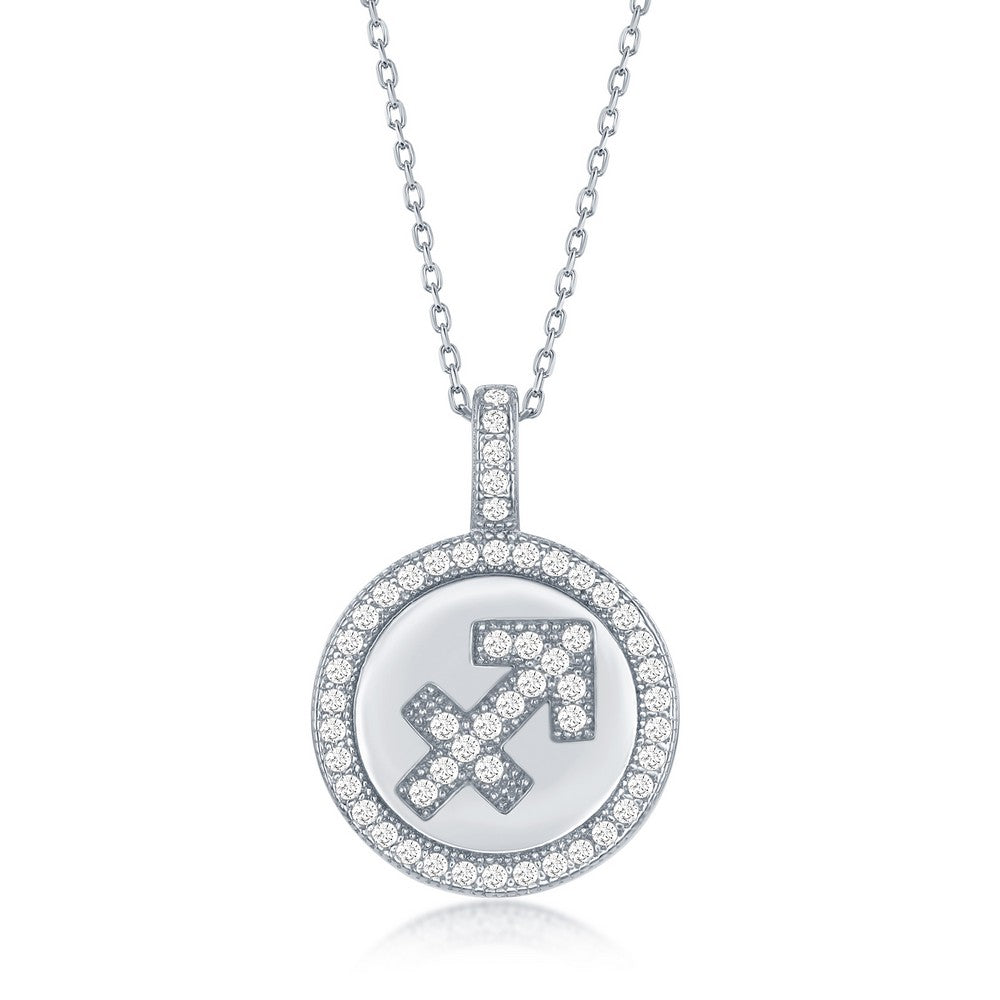 Sterling Silver Micro Pave Sagittarius Zodiac Disc Pendant With Chain