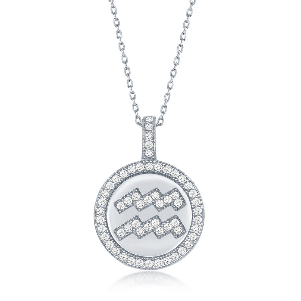 Sterling Silver Micro Pave Aquarius Zodiac Disc Pendant With Chain