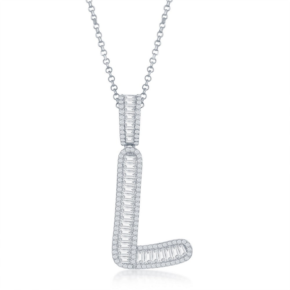 Sterling Silver Baguette CZ Extra Large L Initial Pendant With Chain