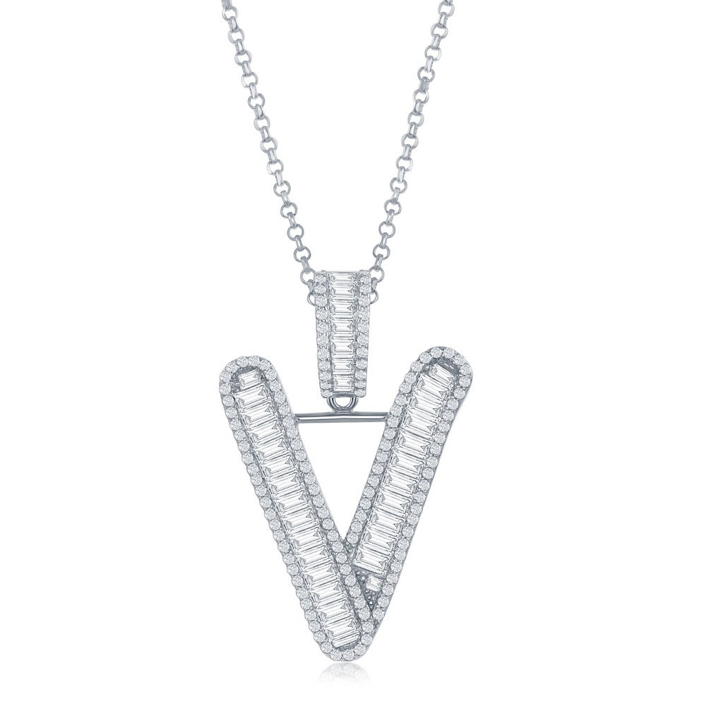 Sterling Silver Baguette CZ Large V Initial Pendant With Chain