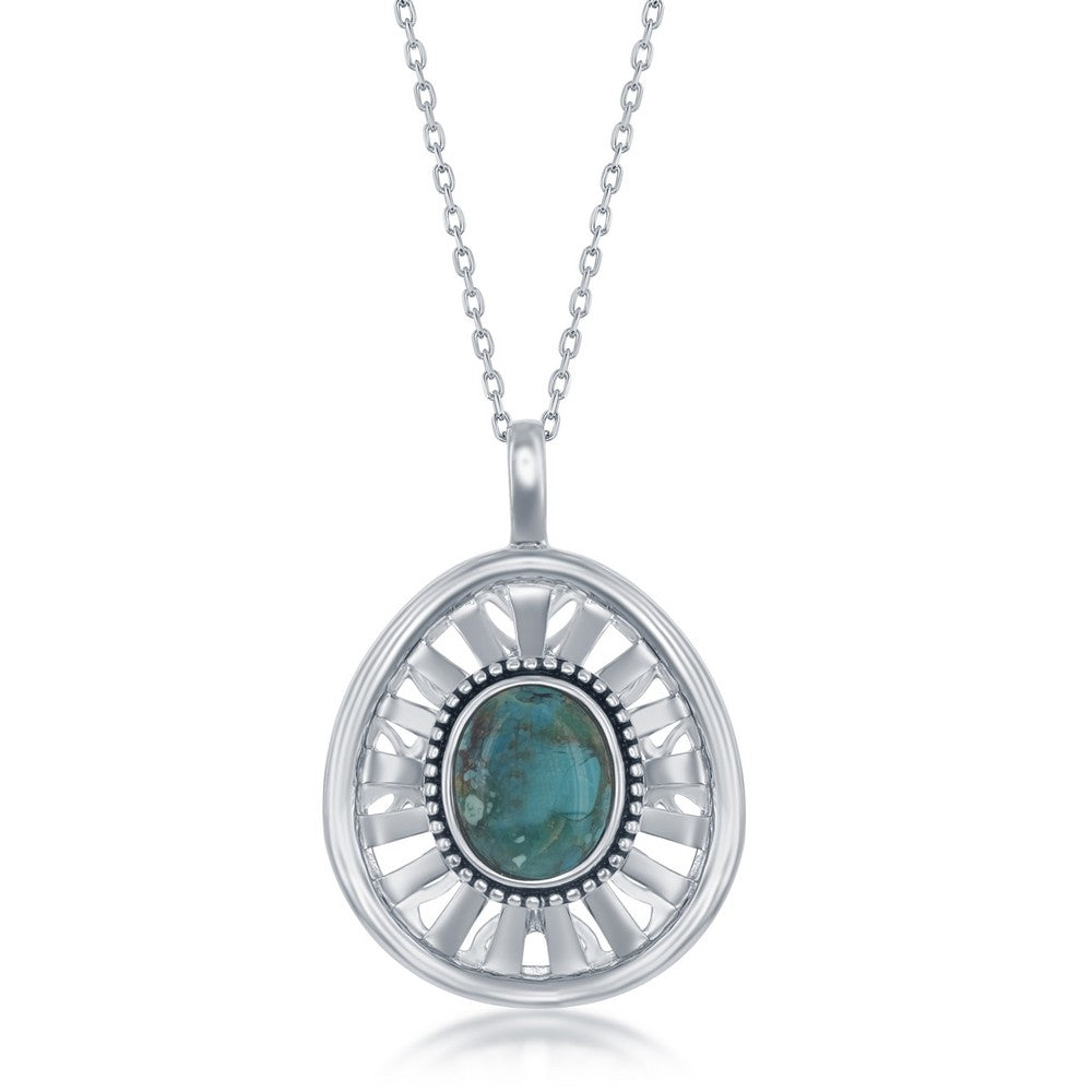 Sterling Silver Oval Turquoise Open Desigsned Back Oxidized Pendant