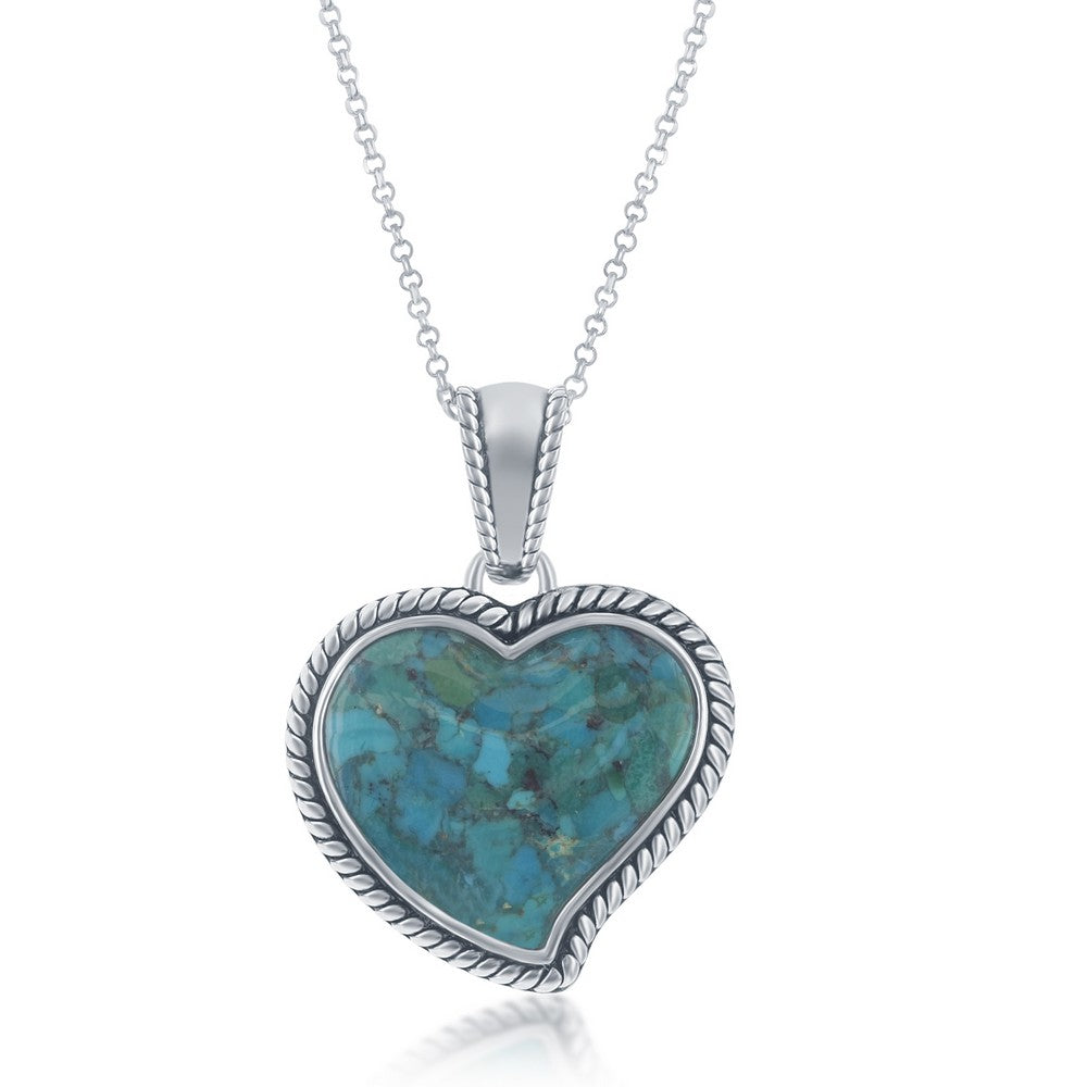 Sterling Silver Turquoise Heart Oxidized Rope Design Border Pendant With Chain