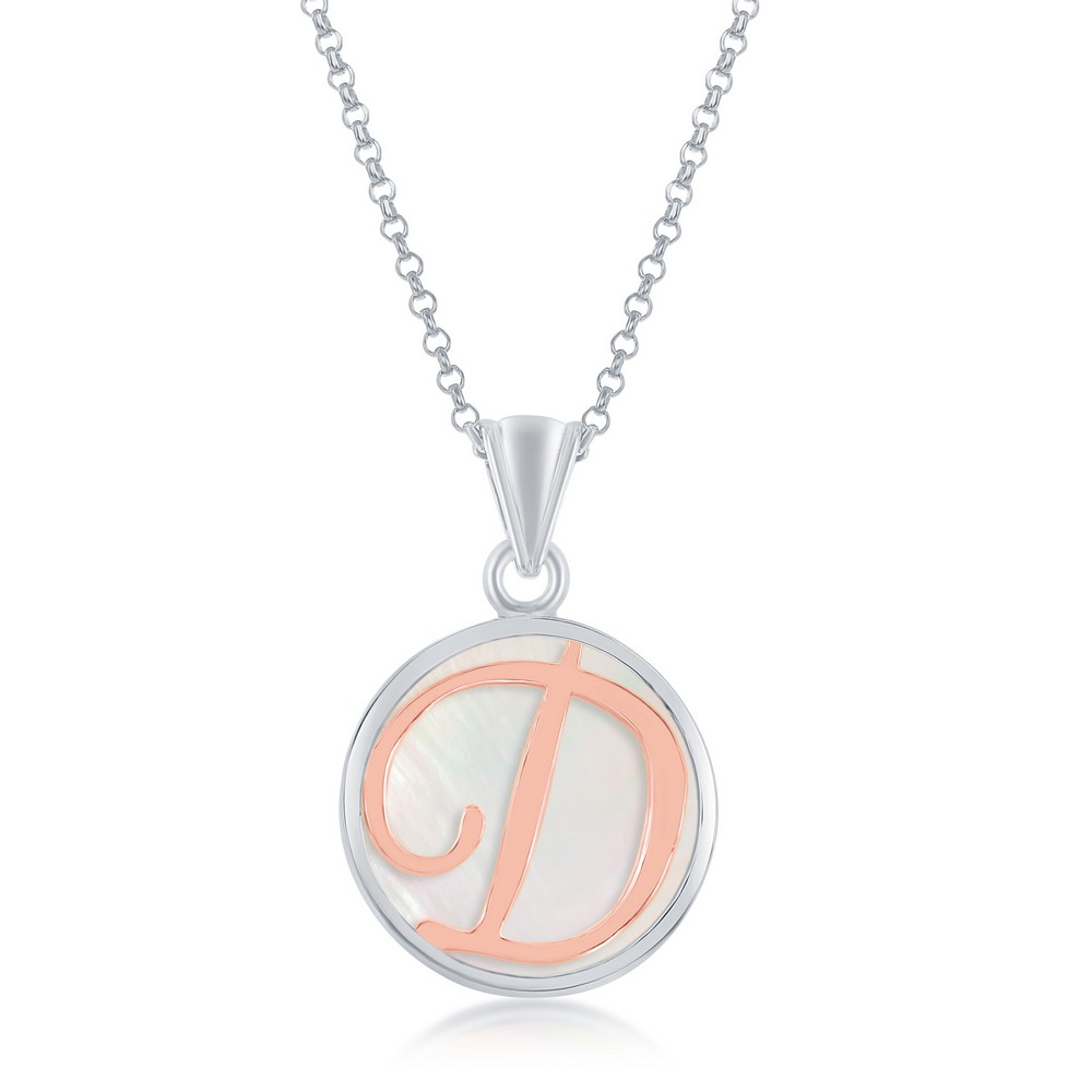 Sterling Silver MOP Pendant, Rose Gold D Script Initial With Chain