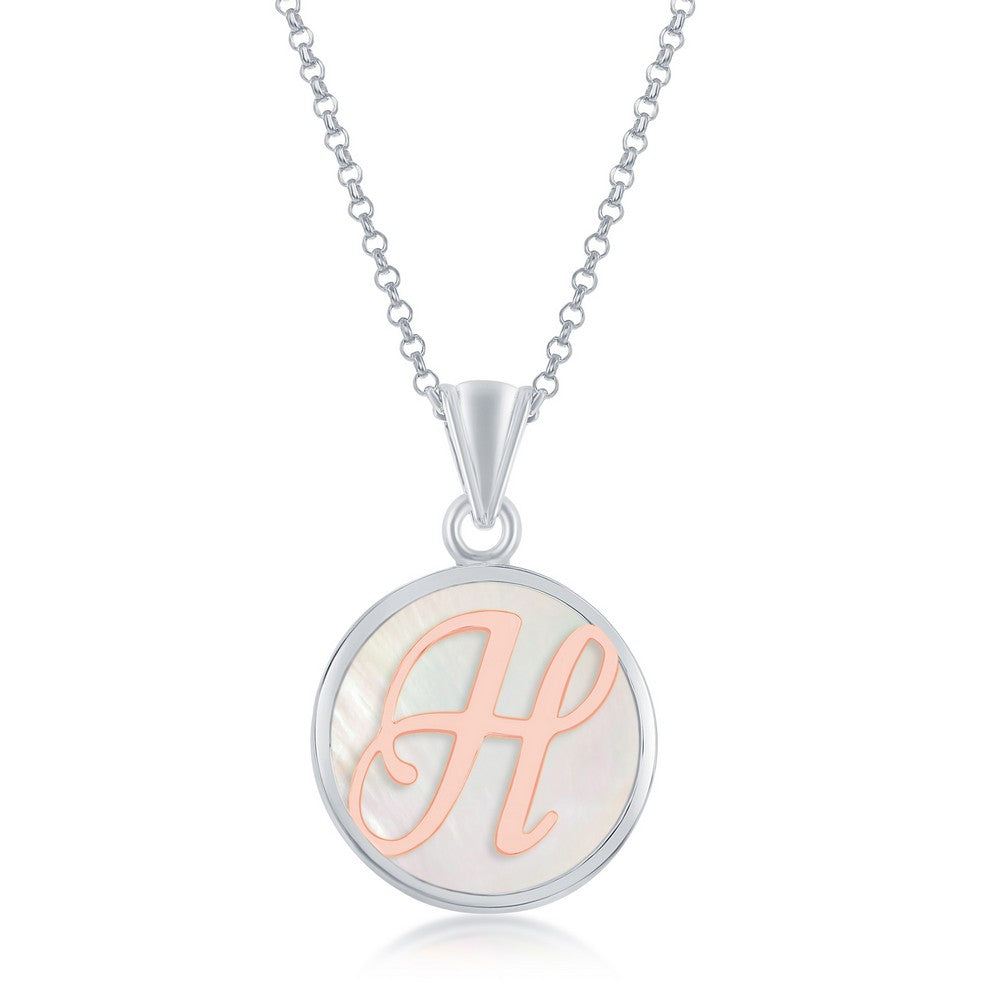 Sterling Silver MOP Pendant, Rose Gold H Script Initial With Chain