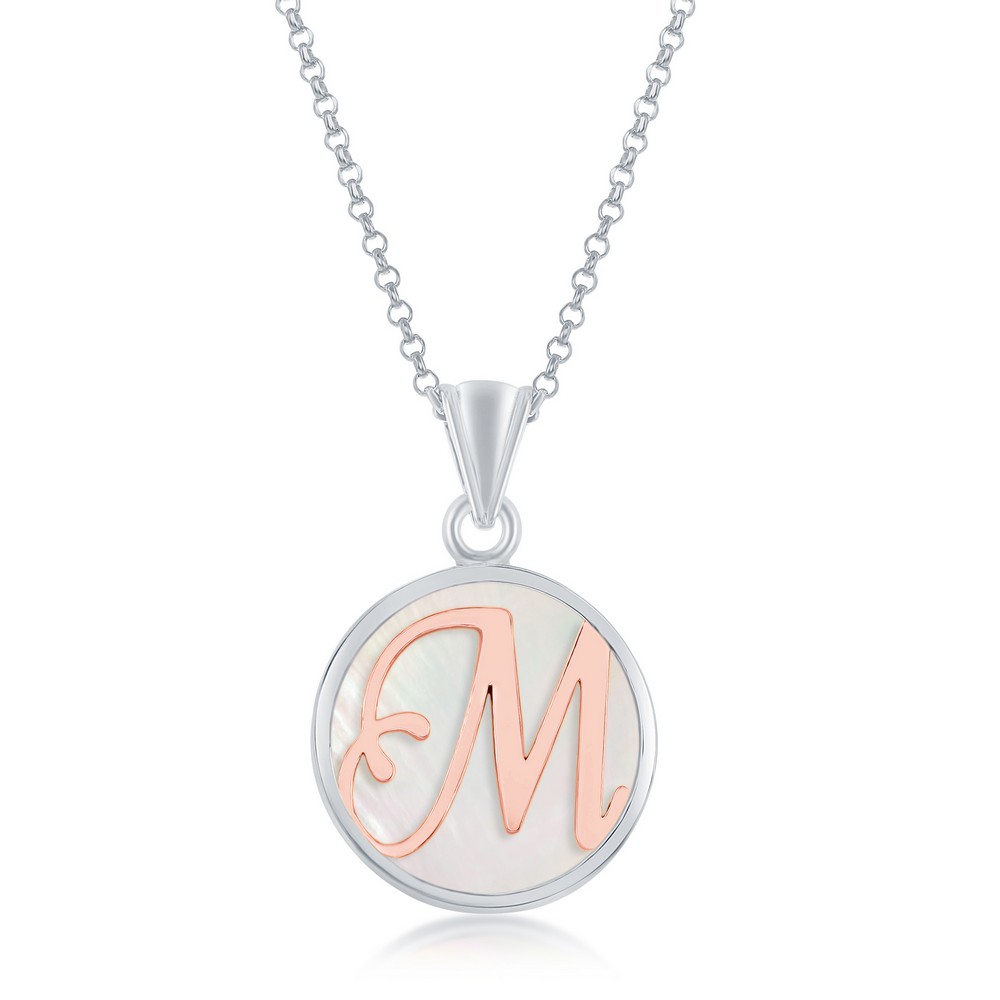 Sterling Silver MOP Pendant, Rose Gold M Script Initial With Chain