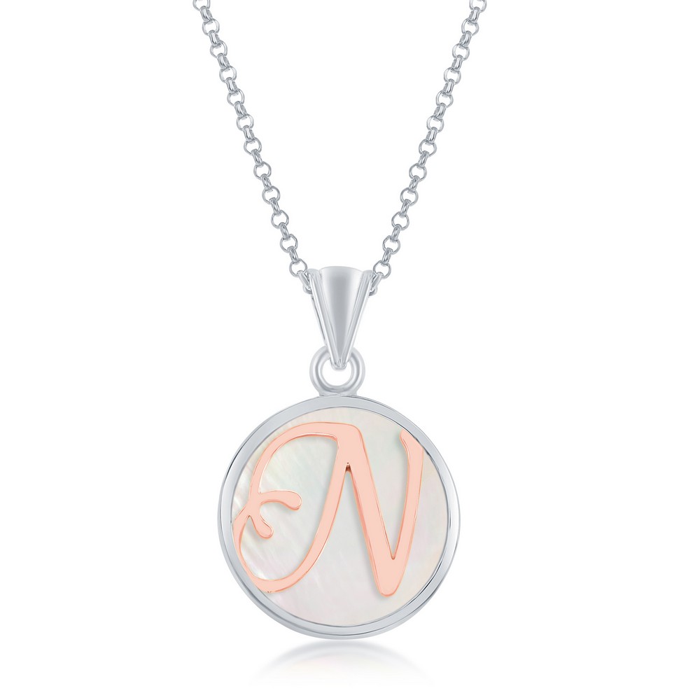 Sterling Silver MOP Pendant, Rose Gold N Script Initial With Chain