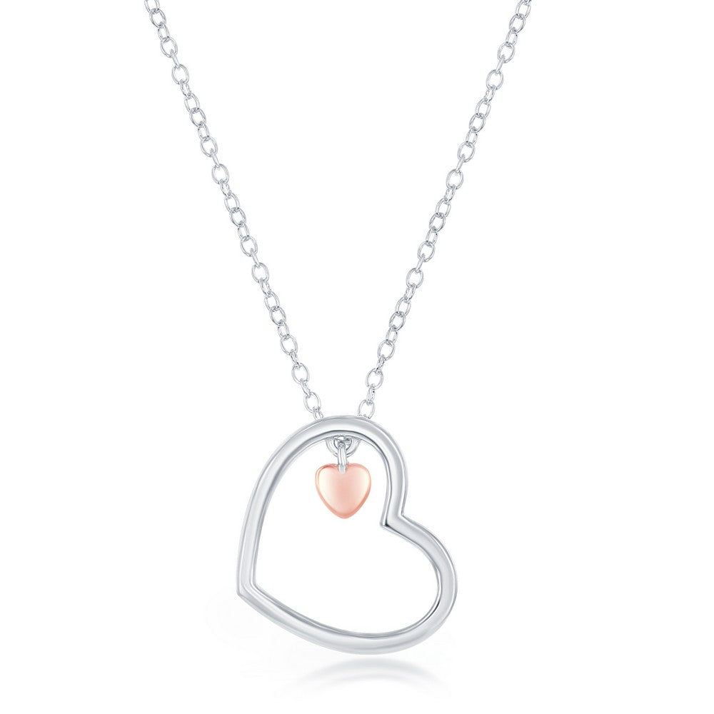 Sterling Silver Open Heart with Small Rose Gold Heart Charm Necklace