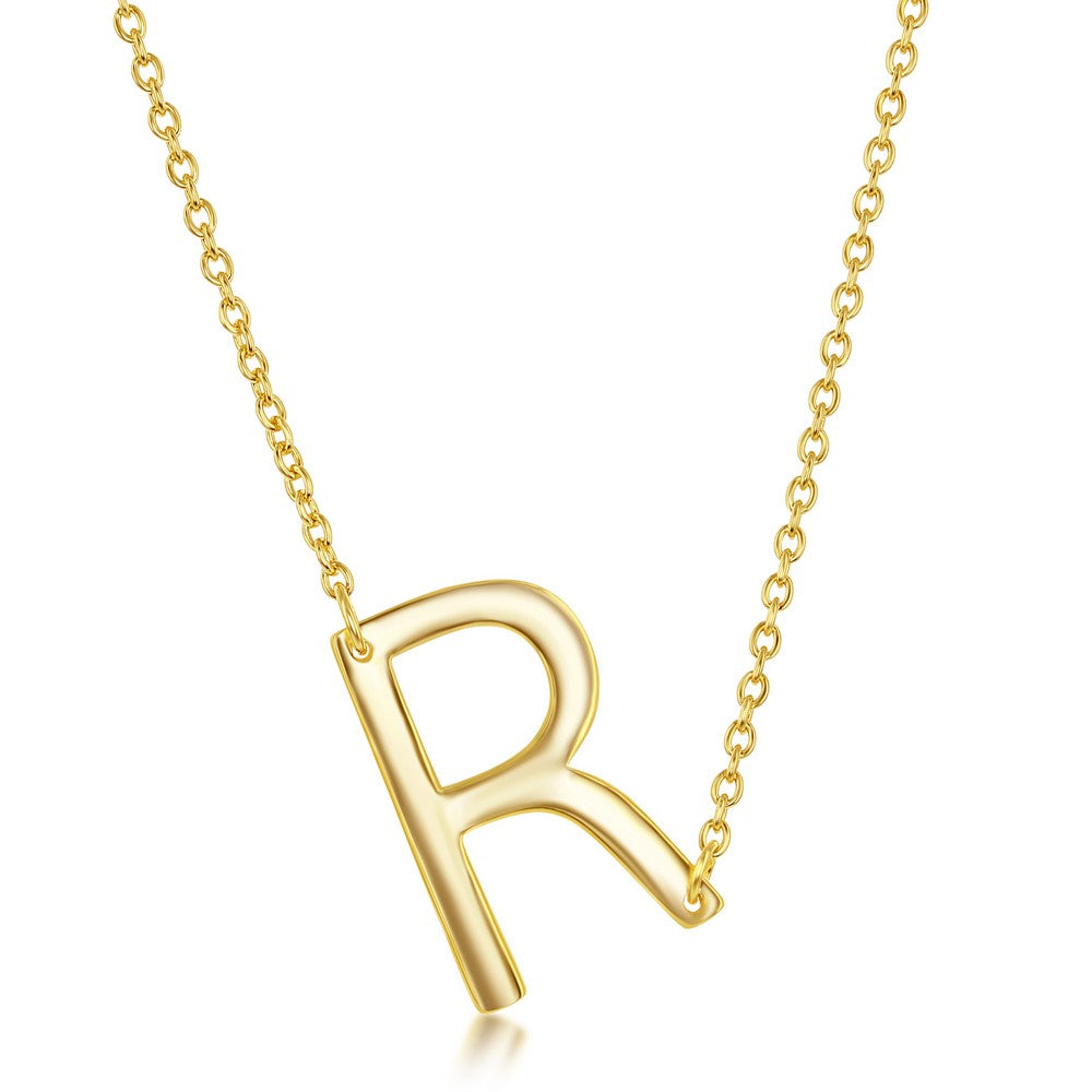 Sterling Silver Sideways R Initial Necklace - Gold Plated