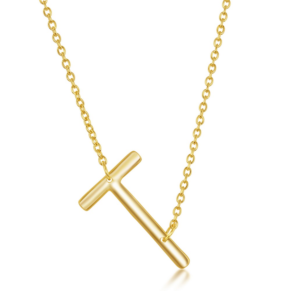 Sterling Silver Sideways T Initial Necklace - Gold Plated
