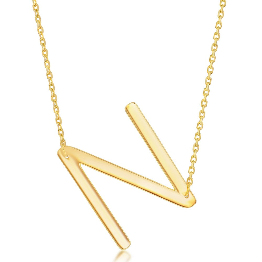 Sterling Silver (35MM) Large Sideways N Initial Necklace - Gold Plated