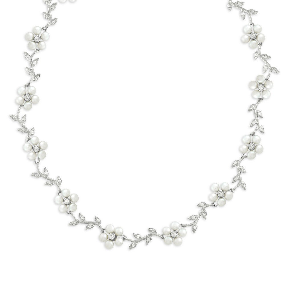 Sterling Silver Alternating White FWP Flowers & Clear CZ Leaves On Branch Necklace