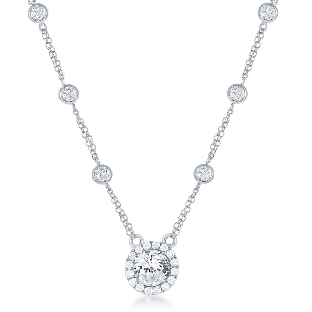 Sterling Silver CZ By The Yard With Large Round CZ Necklace