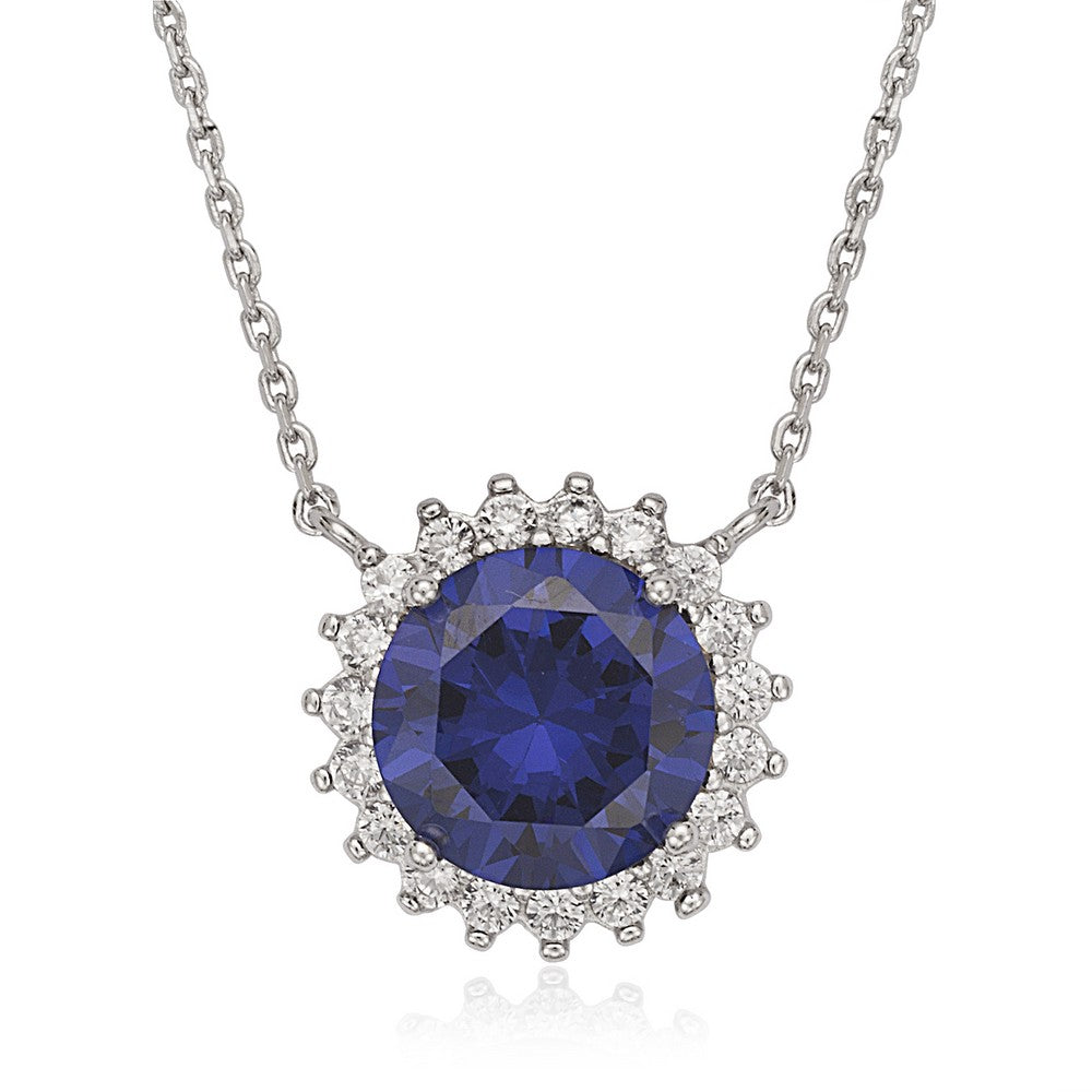 Sterling Silver Round Tanzanite CZ with Clear CZ Border Necklace