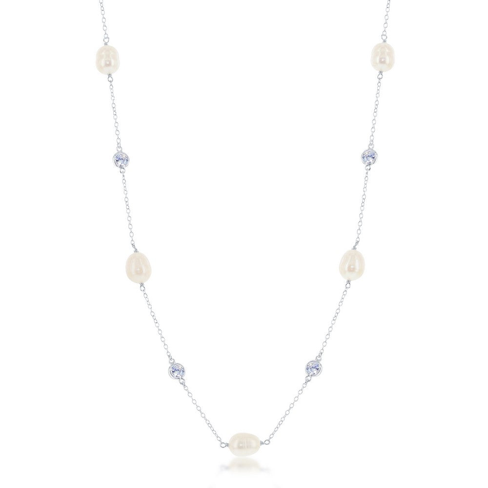 Sterling Silver Bezel Set CZ and Freshwater Pearl Necklace