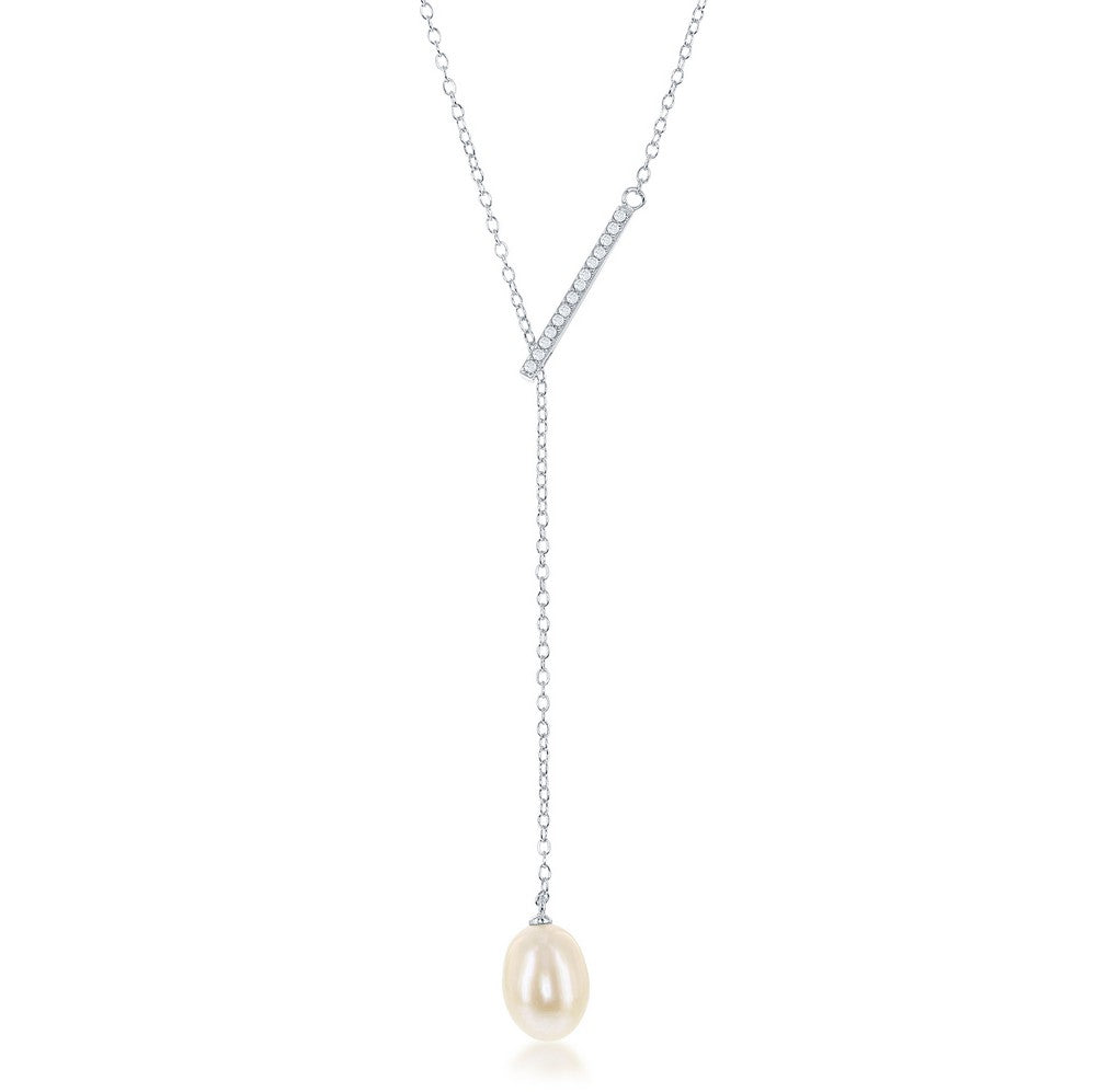Sterling Silver CZ Bar with Hanging FWP Lariat Y Necklace
