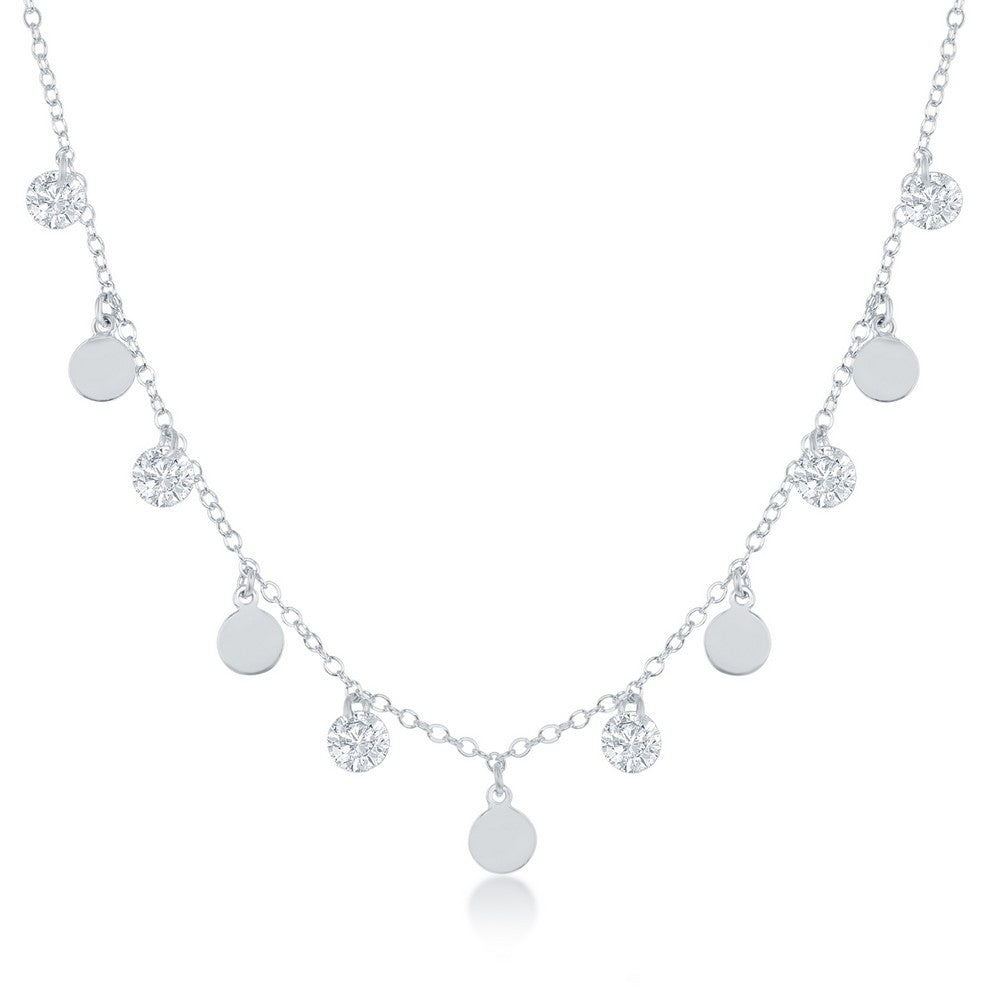 Sterling Silver Dangling CZ's and Discs Necklace