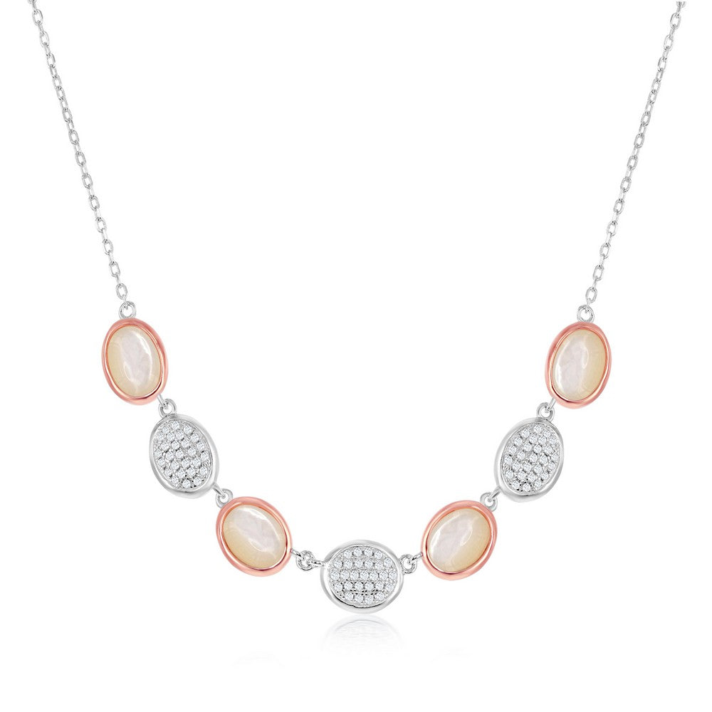 Sterling Silver Two-Tone Alternating Oval Micro Pave and Mother of Pearl Necklace