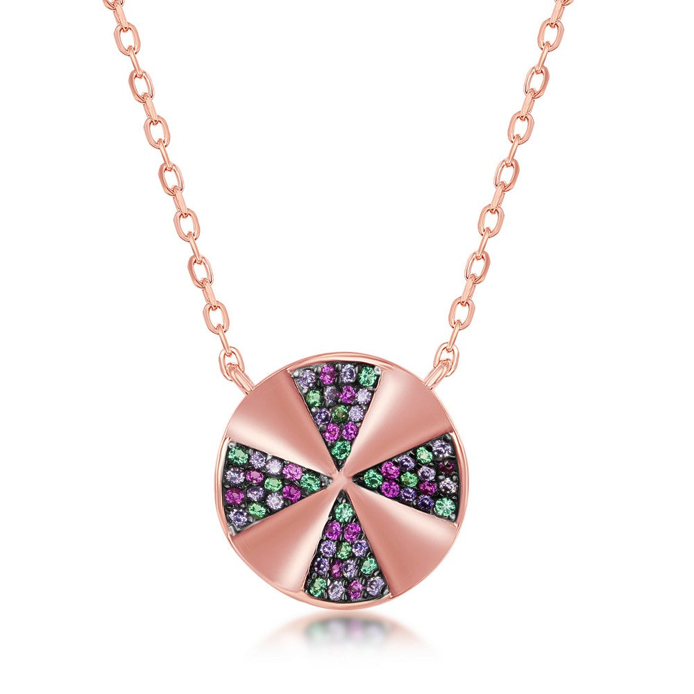 Sterling Silver Rainbow CZ Designed Disc Necklace - Rose Gold Plated