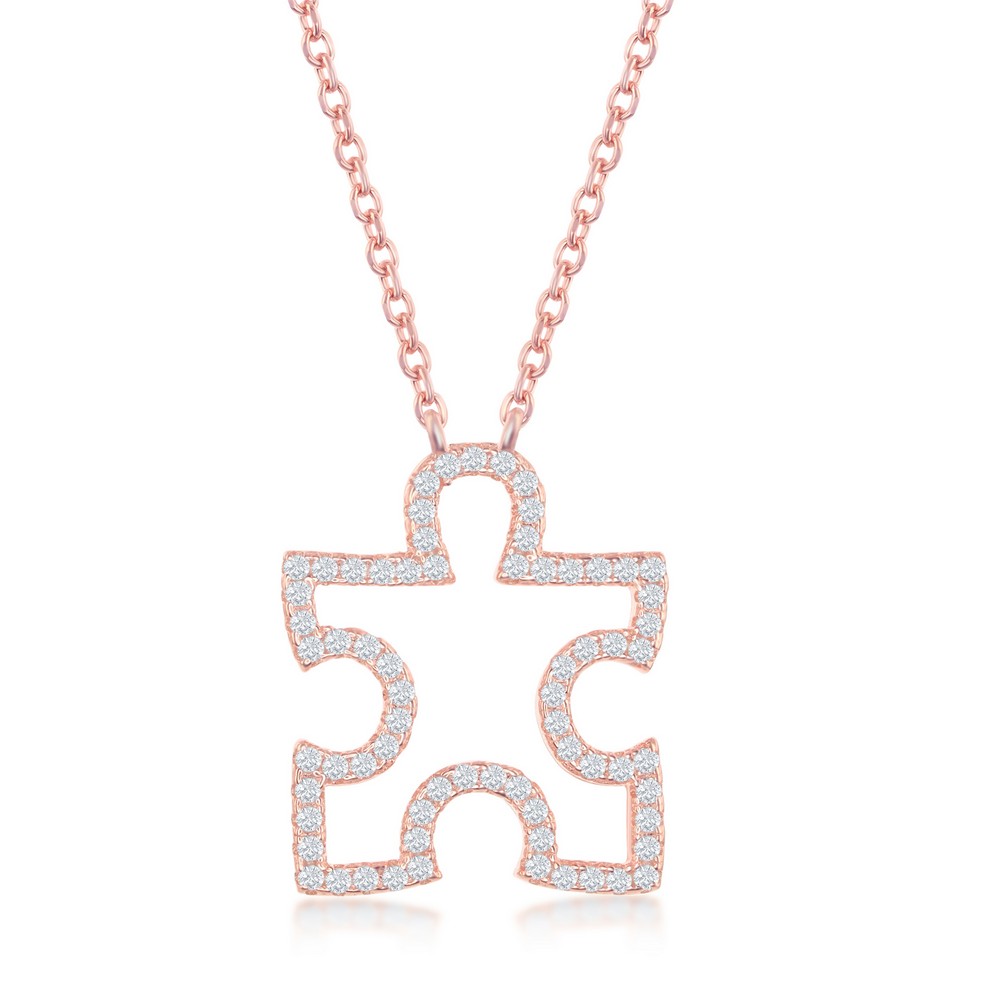Sterling Silver Cubic Zirocnia Open Puzzle Piece Necklace - Rose Gold Plated
