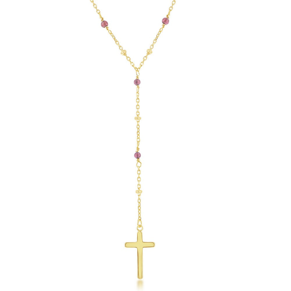 Sterling Silver Garnet & Plain Beads by the Yard Cross Rosary Necklace -Gold Plated