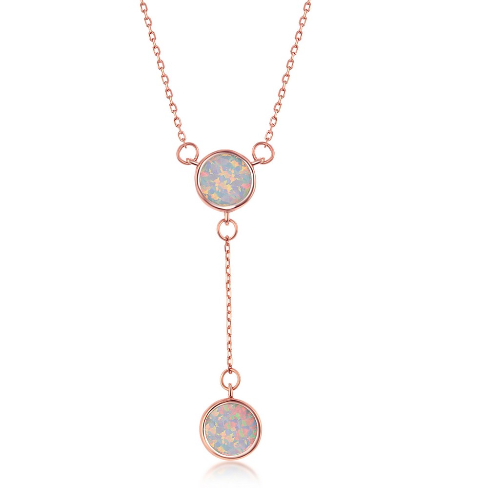 Sterling Silver White Inlay Opal Double Disc Lariat Necklace - Rose Gold Plated
