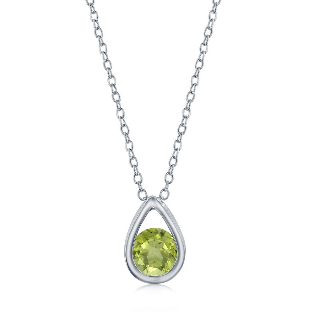 Sterling Silver Pearshaped Necklace With Round August Birthstone Gem- Peridot