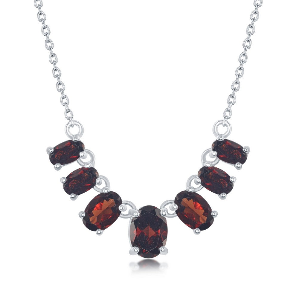 Sterling Silver Graduating Oval Gemstone Necklace - Garnet