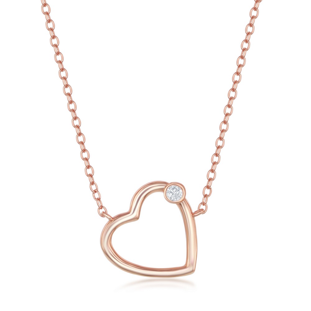 Sterling Silver Heart with Single CZ Necklace - Rose Gold Plated