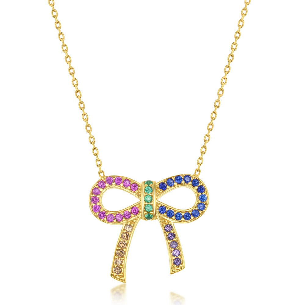 Sterling Silver Rainbow CZ Bowknot Necklace - Gold Plated