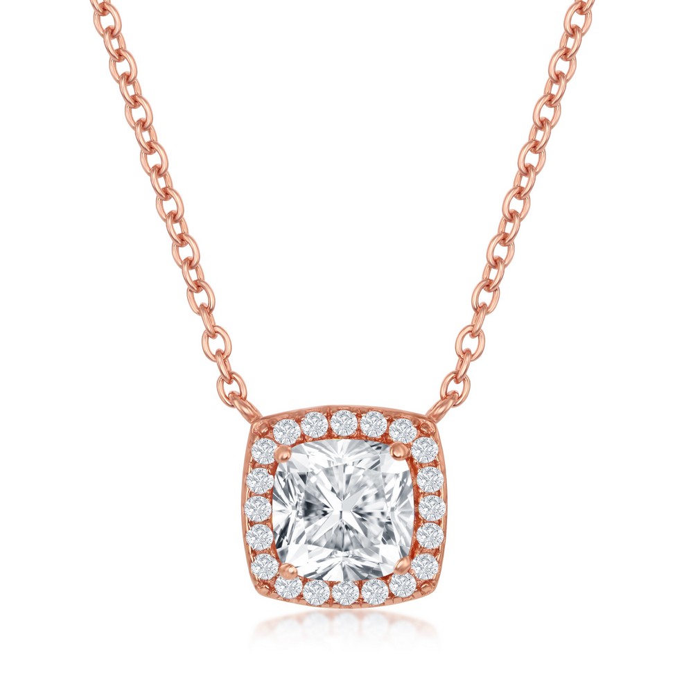 Sterling Silver Cushion-Cut with CZ Border Necklace - Rose Gold Plated
