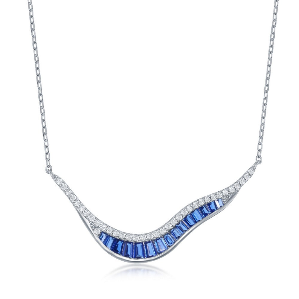 Sterling Silver V Shape Baguette Necklace - Sapphire CZ