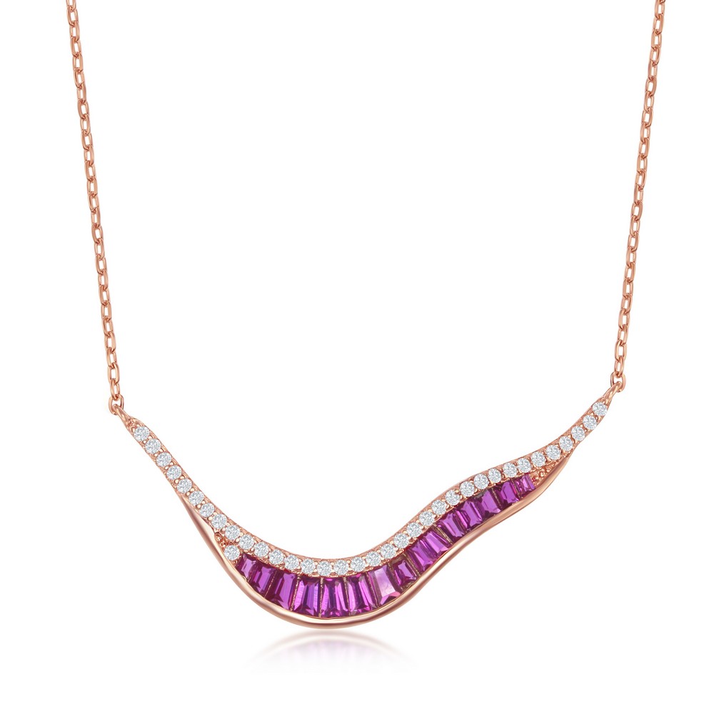 Sterling Silver V Shape Baguette Necklace - Ruby CZ - Rose Gold Plated