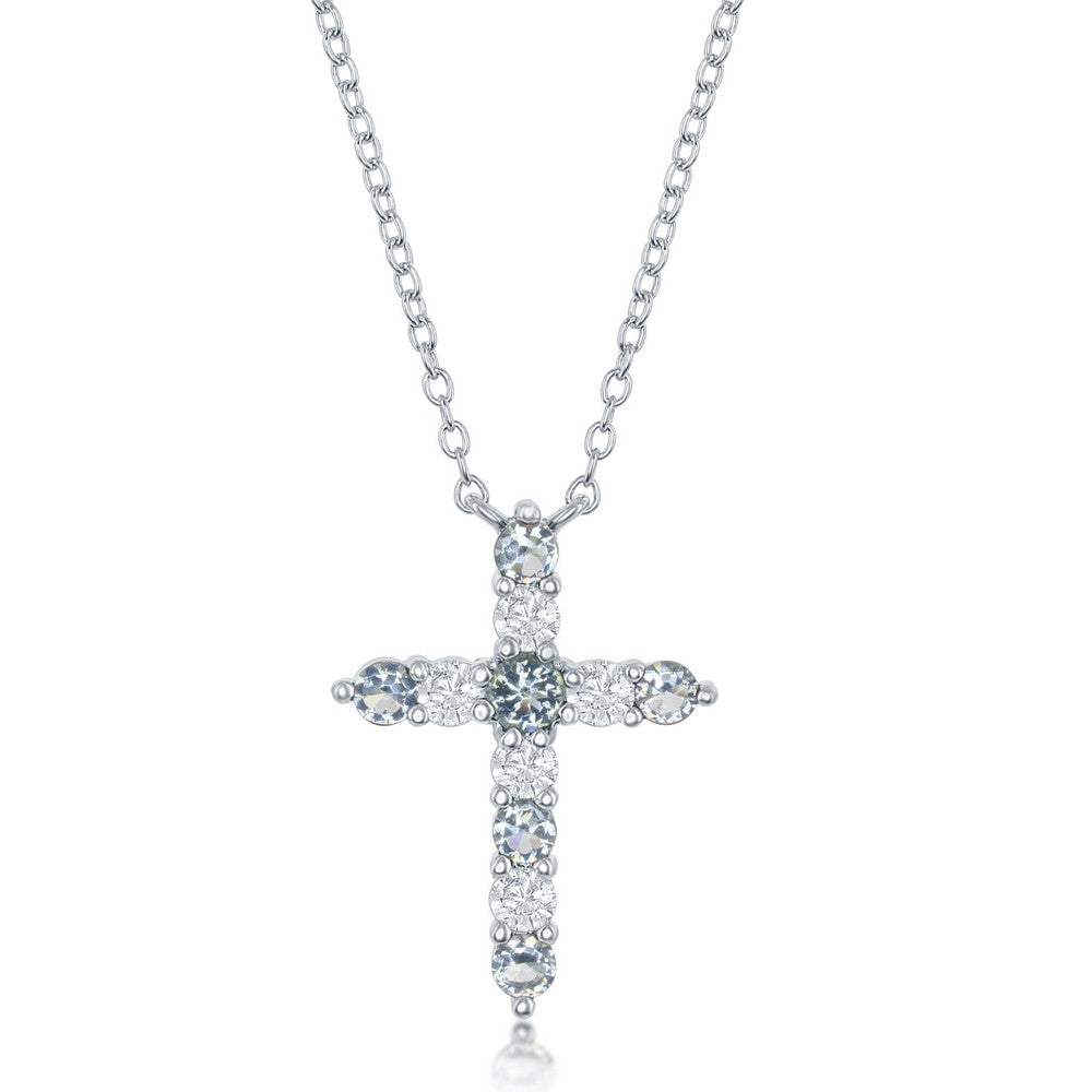 Sterling Silver Aquamarine CZ March Birthstone Cross Necklace
