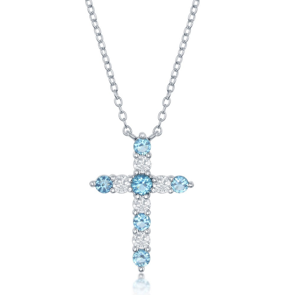 Sterling Silver Swiss Blue CZ December Birthstone Cross Necklace