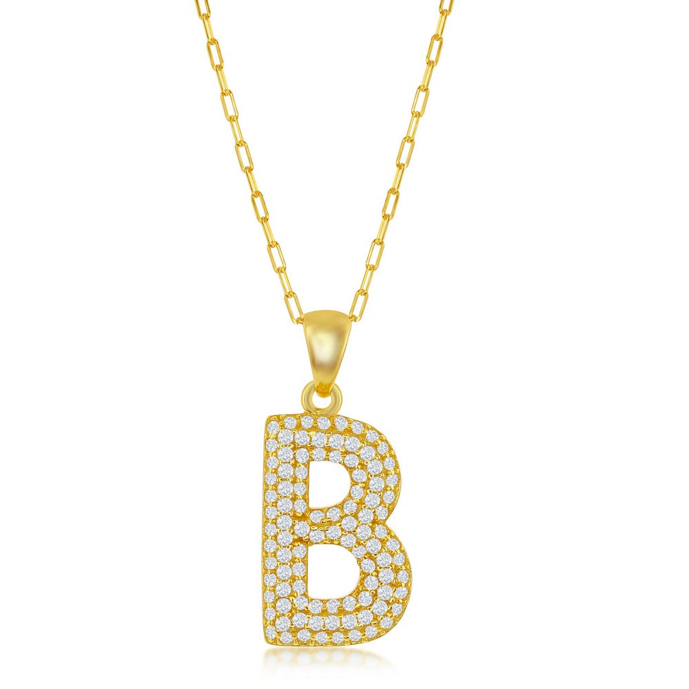 Sterilng Silver Micro Pave CZ B Block Initial With Paperclip Chain - Gold Plated