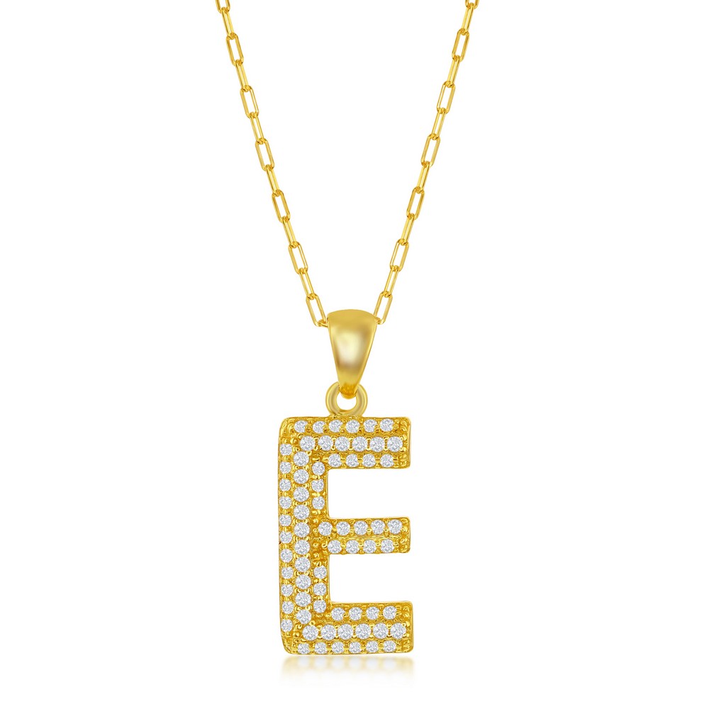 Sterilng Silver Micro Pave CZ E Block Initial With Paperclip Chain - Gold Plated