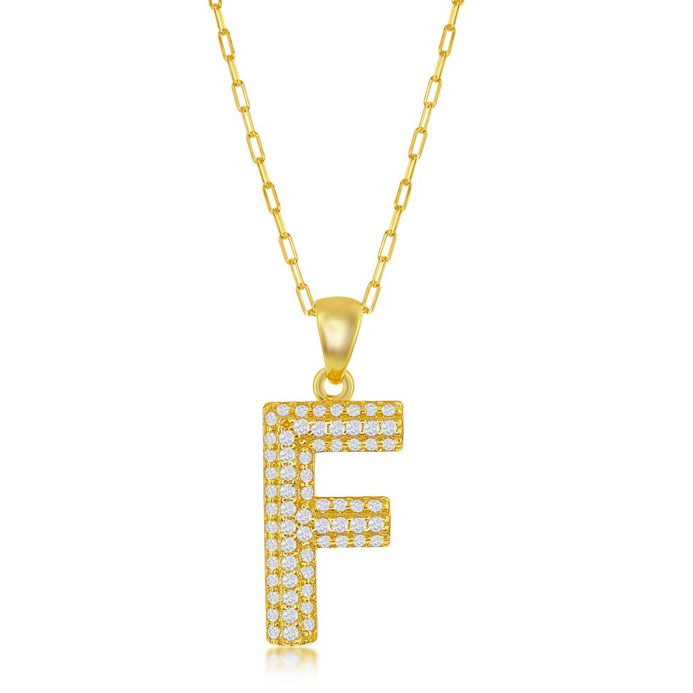 Sterilng Silver Micro Pave CZ F Block Initial With Paperclip Chain - Gold Plated