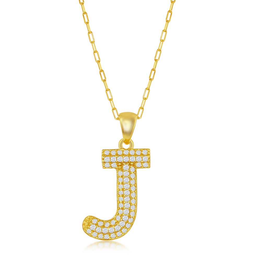 Sterilng Silver Micro Pave CZ J Block Initial With Paperclip Chain - Gold Plated