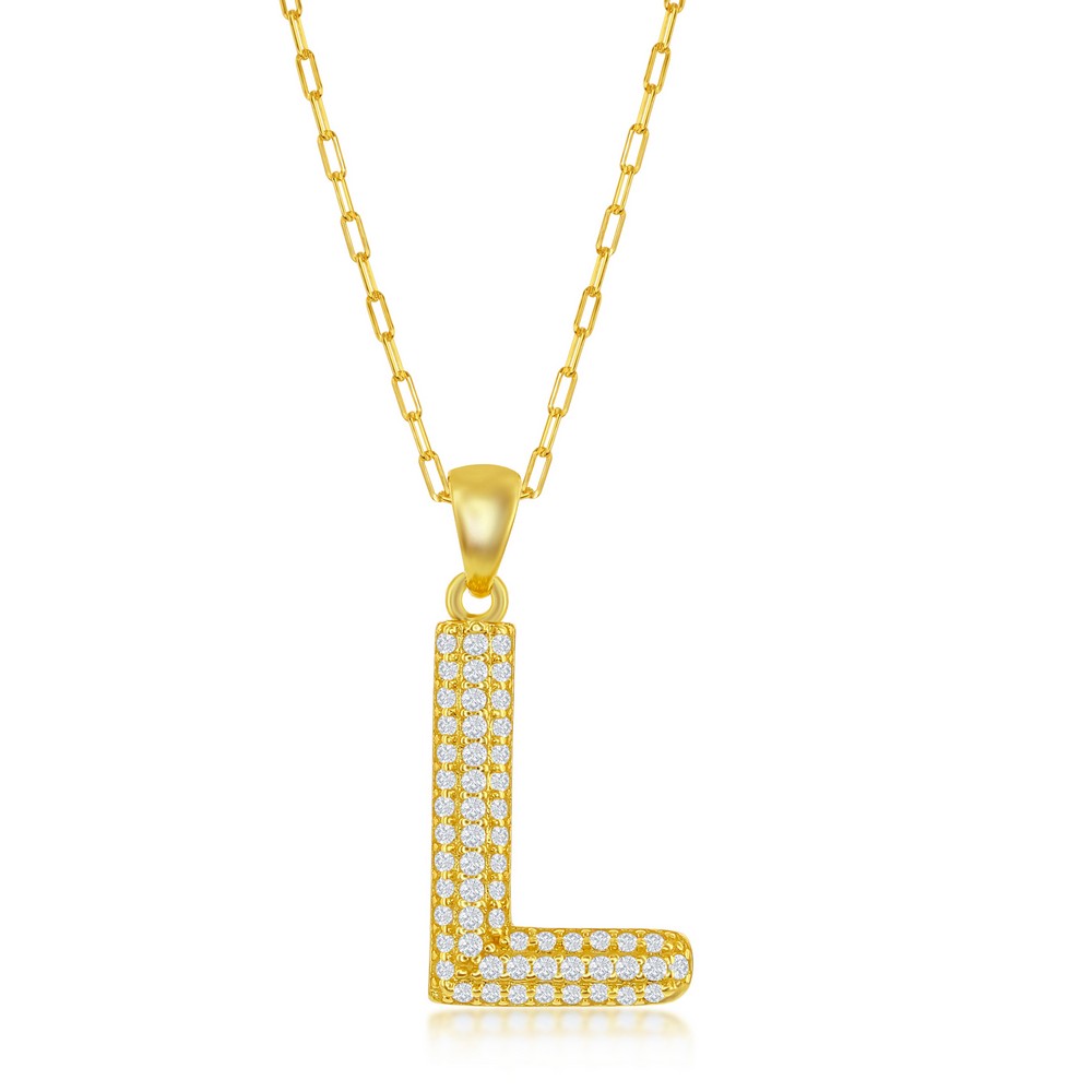Sterilng Silver Micro Pave CZ L Block Initial With Paperclip Chain - Gold Plated