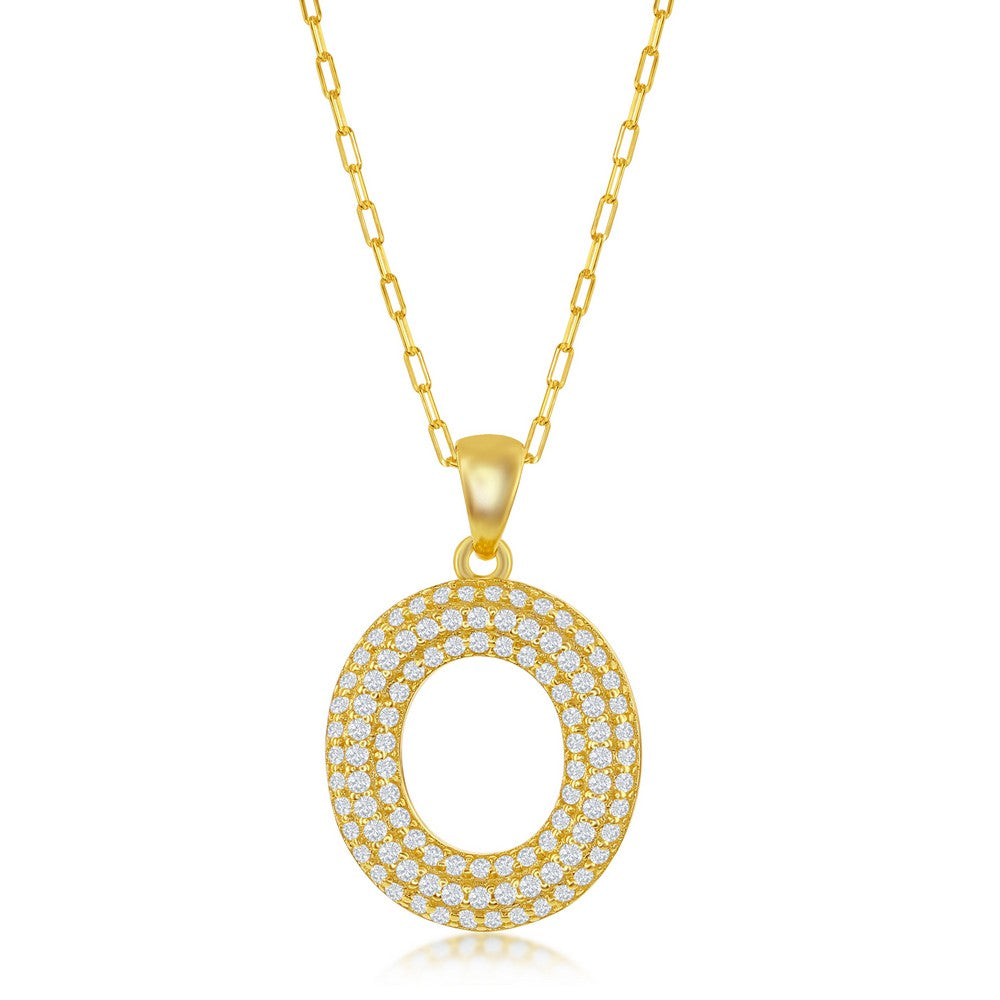 Sterilng Silver Micro Pave CZ O Block Initial With Paperclip Chain - Gold Plated