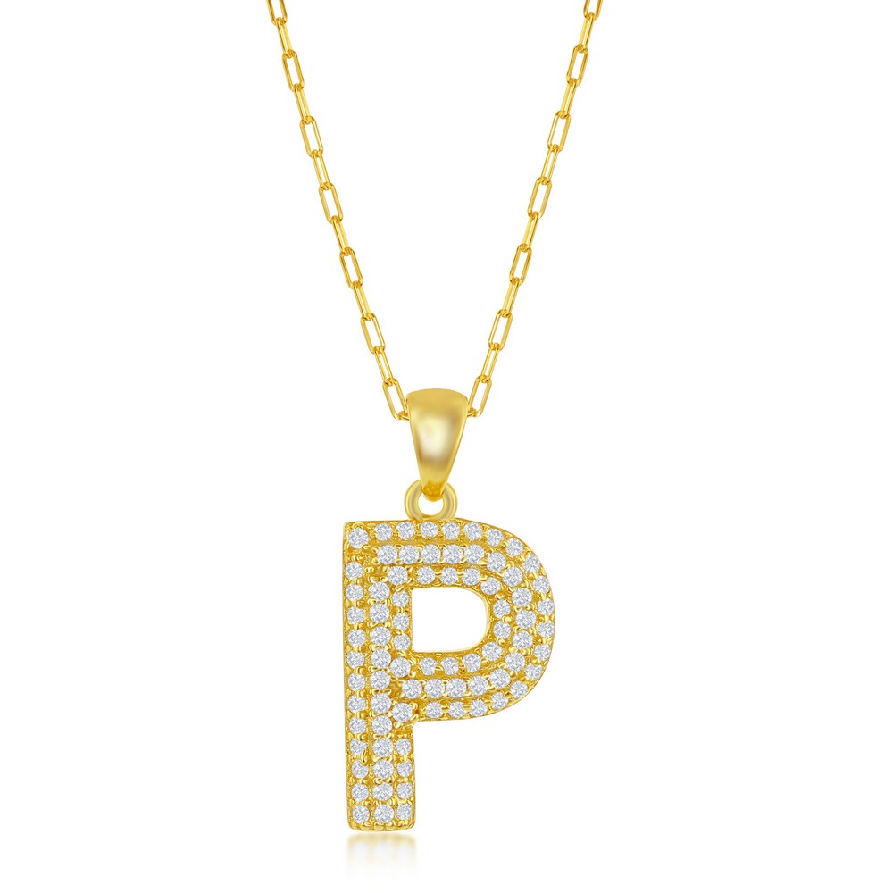 Sterilng Silver Micro Pave CZ P Block Initial With Paperclip Chain - Gold Plated