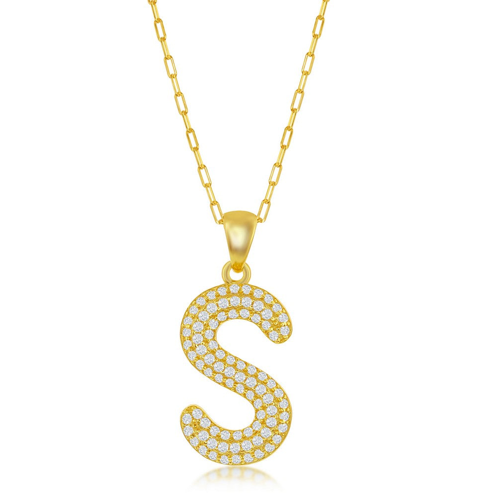 Sterilng Silver Micro Pave CZ S Block Initial With Paperclip Chain - Gold Plated