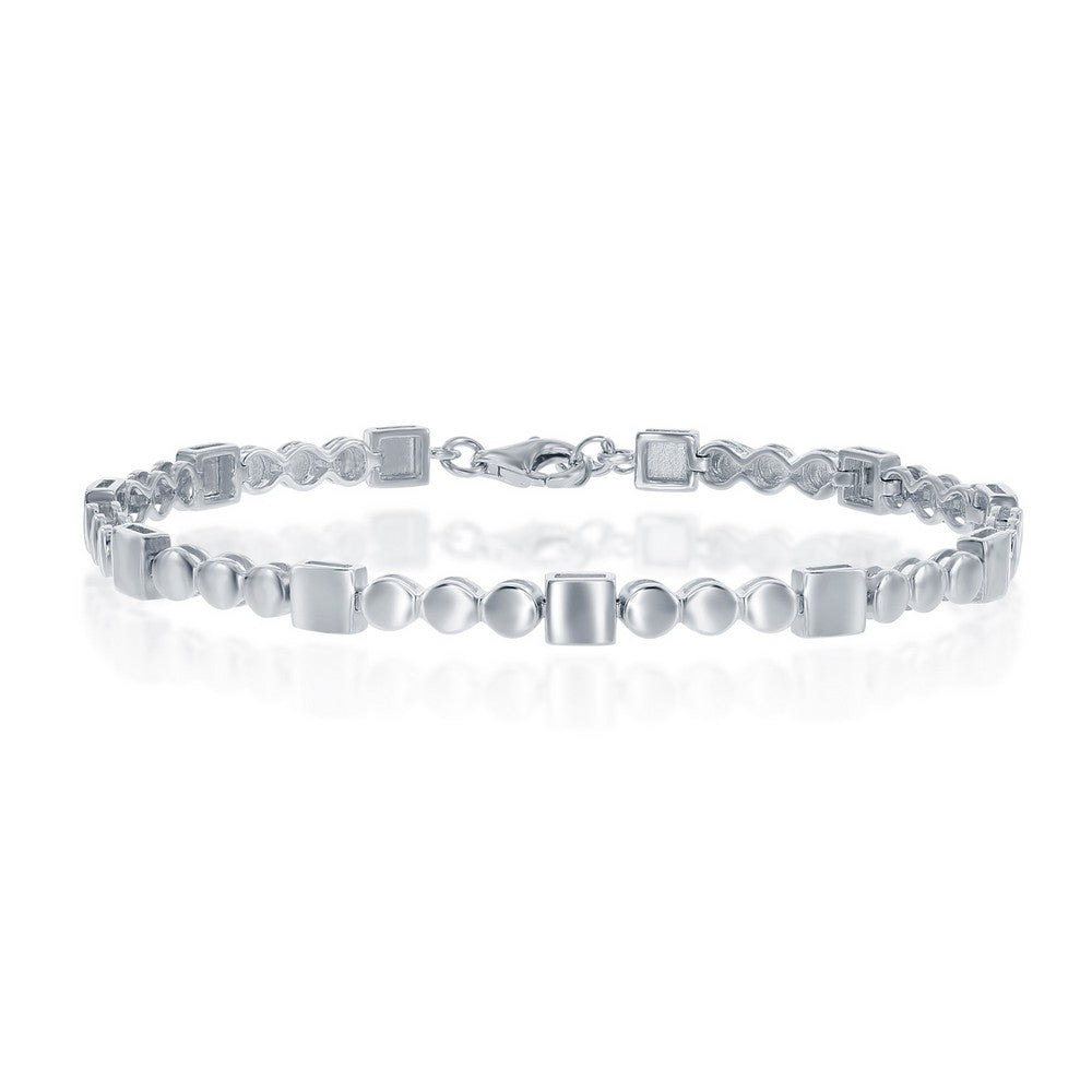Sterling Silver Alternating Linked Flat Discs and Squares Bracelet