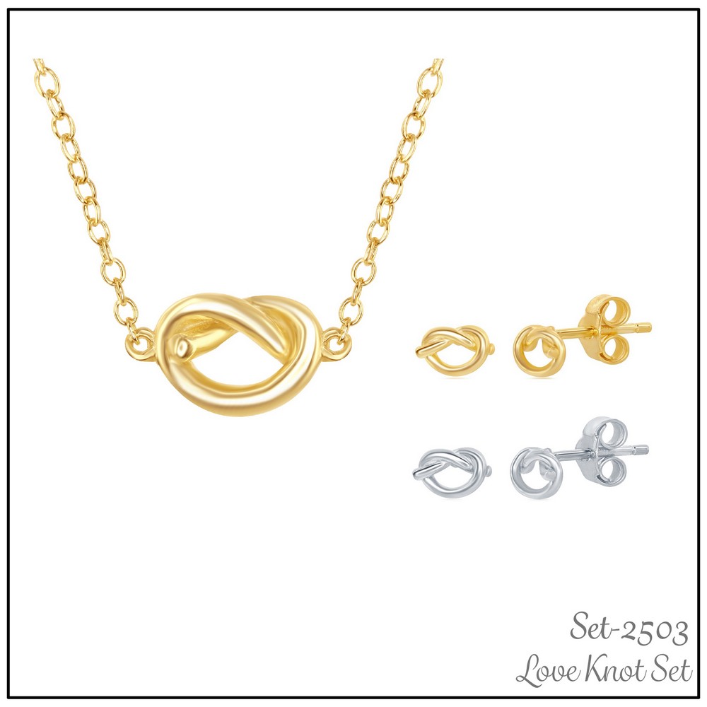 Sterling Silver Love Knot Necklace and Earrings Set - Gold Plated