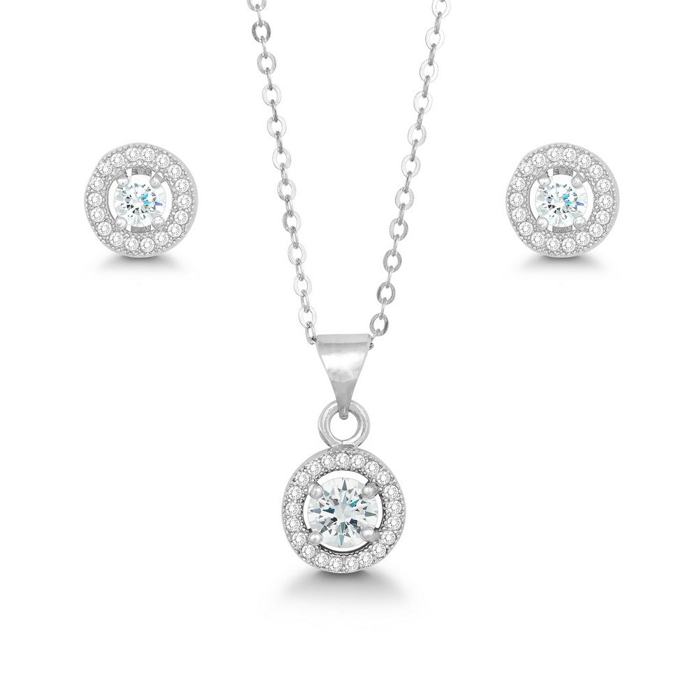 Sterling Silver Round Pendant and Earrings Set With Chain - White CZ