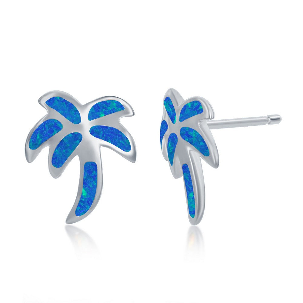 Sterling Silver Blue Inlay Opal Necklace and Earrings Set - Palm Tree