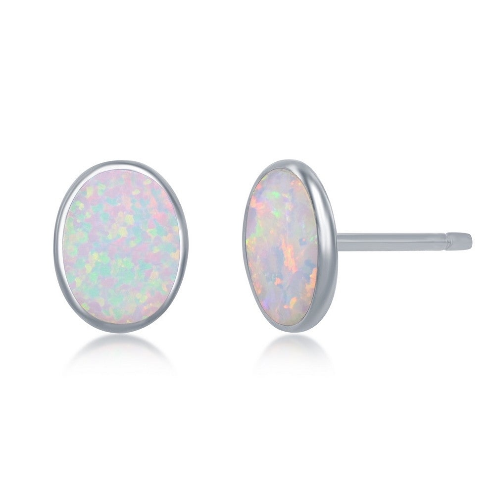 Sterling Silver White Inlay Opal Necklace and Earrings Set - Oval Disc