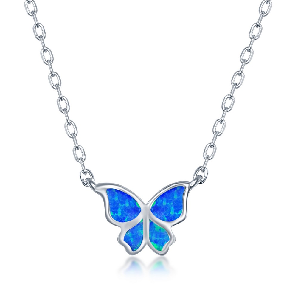 Sterling Silver Blue Inlay Opal Necklace and Earrings Set - Small Butterfly