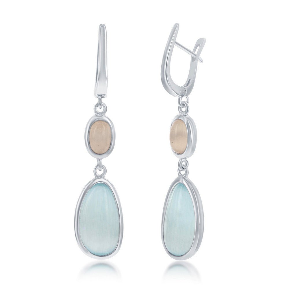 Sterling Silver Irregular Tiffany Blue and Oval Champagne Cat's Eye Earrings