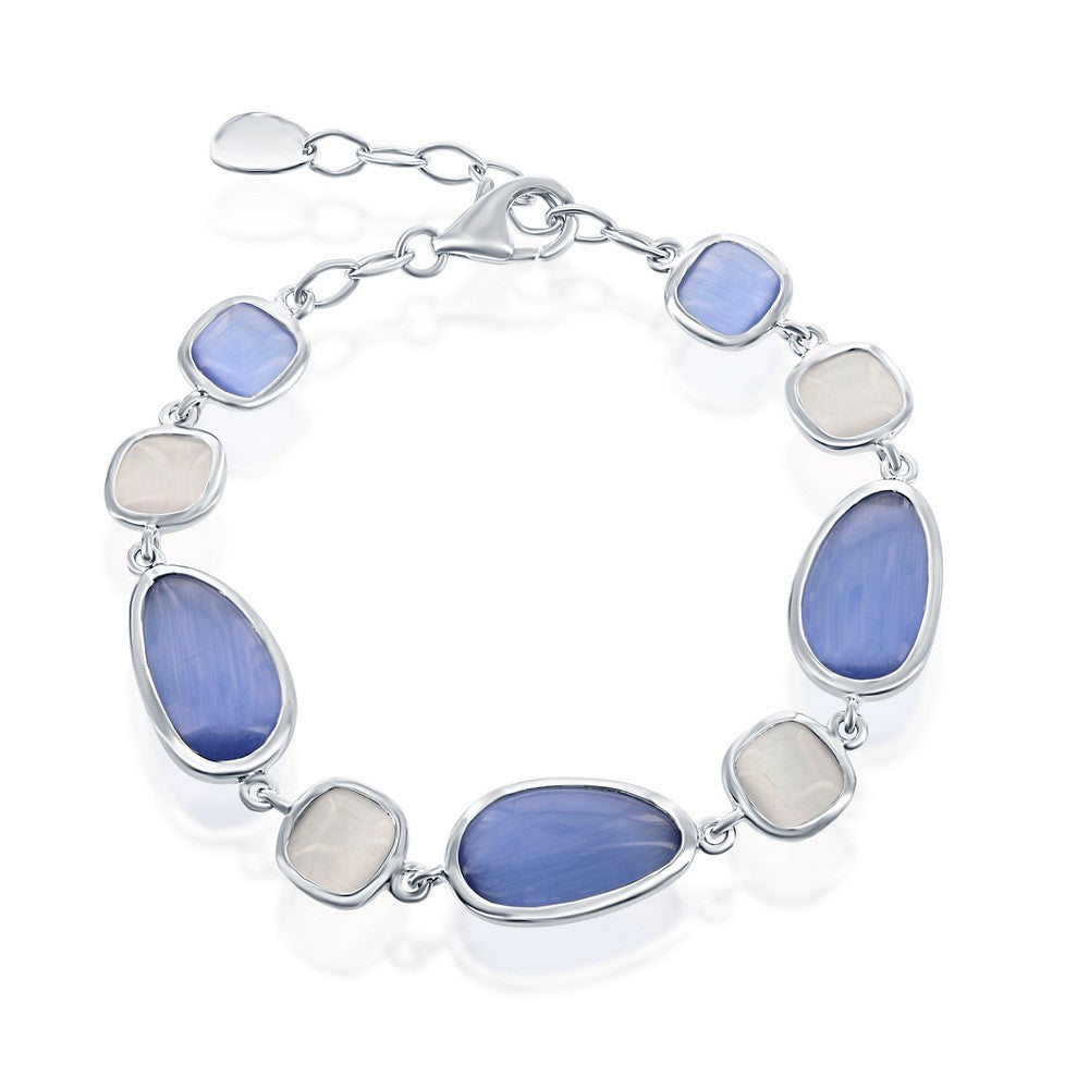 Sterling Silver Irregular Blue Gray and Square Gray Cat's Eye Bracelet
